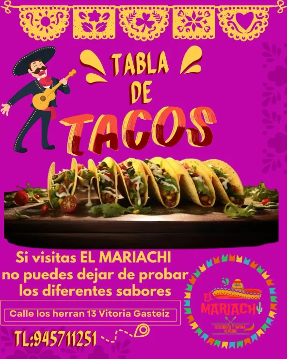 Cartel del restaurante El Mariachi que anuncia una bandeja de tacos. Incluye un mariachi, tacos e información de contacto.