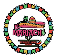 Logotipo del restaurante mexicano El Mariachi: sombrero, texto y borde de bandera festiva.