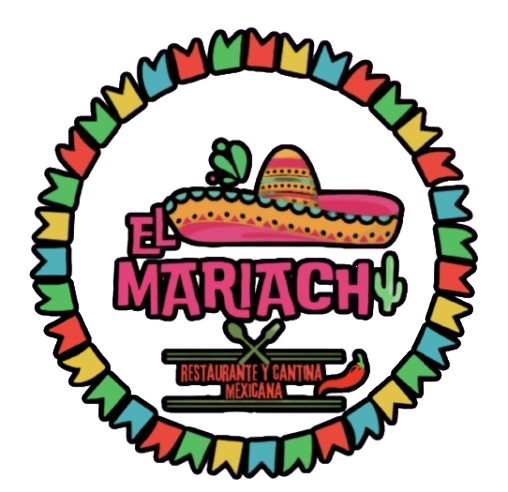 Logotipo del restaurante mexicano El Mariachi: sombrero, texto y borde de bandera festiva.