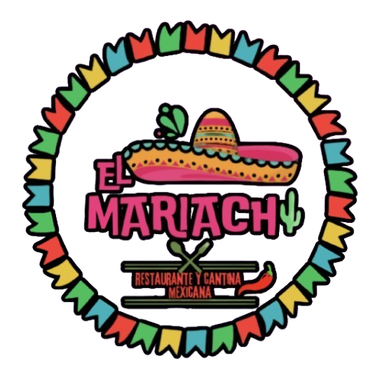 Logotipo del restaurante mexicano El Mariachi: sombrero, texto y borde de bandera festiva.