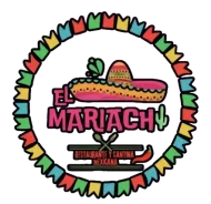 Logotipo del restaurante mexicano El Mariachi: sombrero, texto y borde de bandera festiva.
