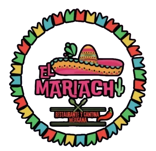 Logotipo del restaurante mexicano El Mariachi: sombrero, texto y borde de bandera festiva.