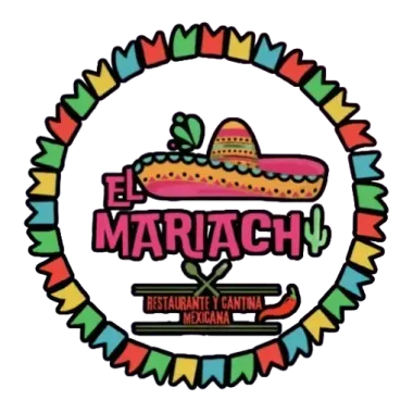 Logotipo del restaurante mexicano El Mariachi: sombrero, texto y borde de bandera festiva.