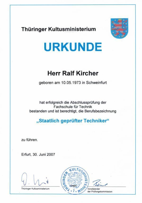 Ralph Kircher Haustechnik Urkunde