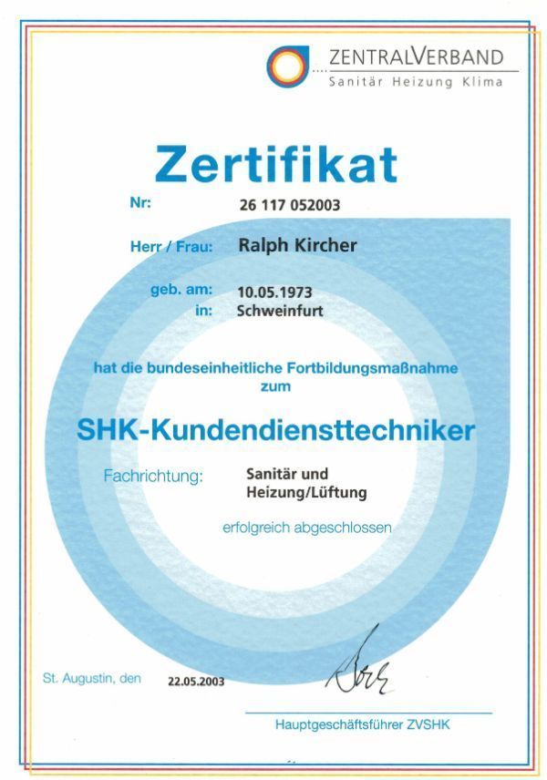 Ralph Kircher Haustechnik Zertifikat