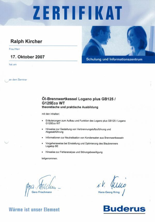 Ralph Kircher Haustechnik Zertifikat