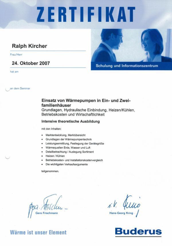 Ralph Kircher Haustechnik Zertifikat