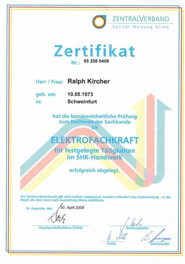 Ralph Kircher Haustechnik Zertifikat