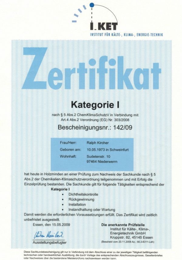 Ralph Kircher Haustechnik Zertifikat