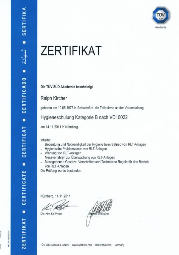 Ralph Kircher Haustechnik Zertifikat