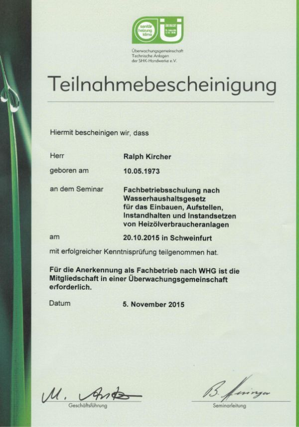 Ralph Kircher Haustechnik Zertifikat