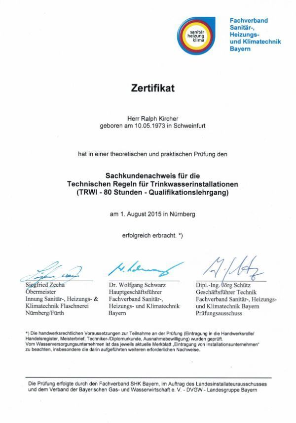 Ralph Kircher Haustechnik Zertifikat