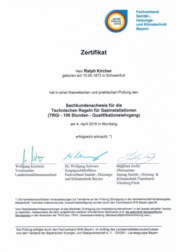 Ralph Kircher Haustechnik Zertifikat
