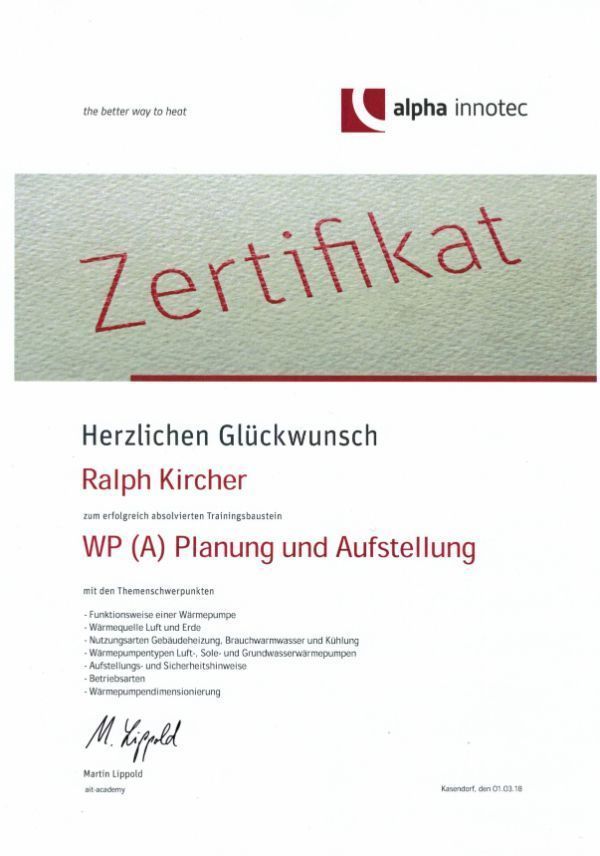 Ralph Kircher Haustechnik Zertifikat