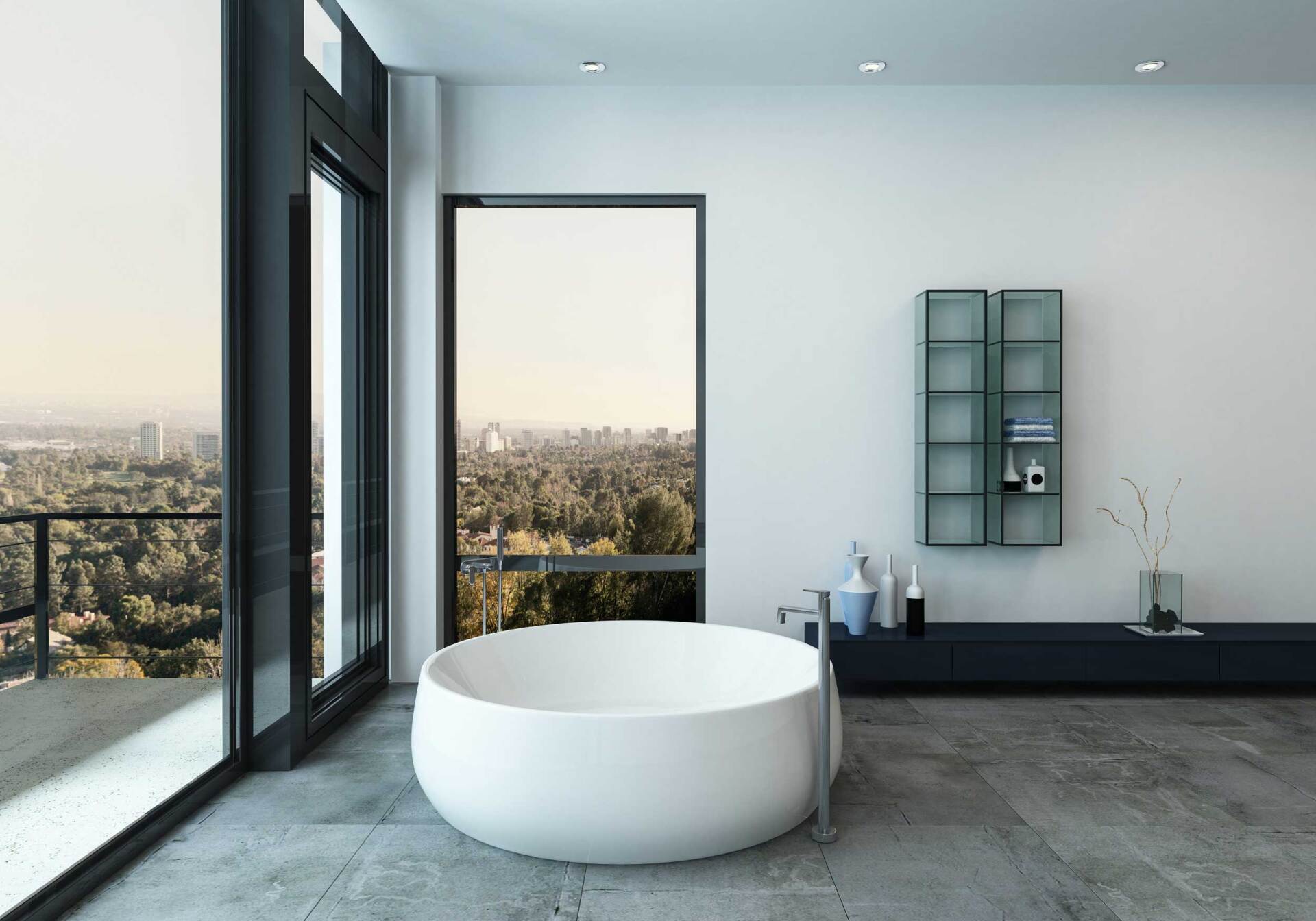 Une salle de bain avec du travertin couleur gris foncé au sol