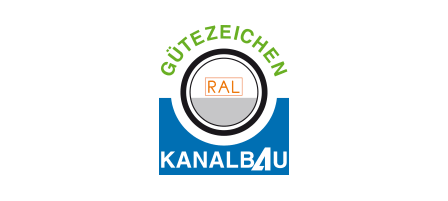 A blue and white logo for gutezeichen kanalbau