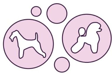 Dos siluetas de perros en círculos rosas con círculos más pequeños.