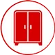 Un icono de armario rojo en un círculo sobre un fondo blanco.