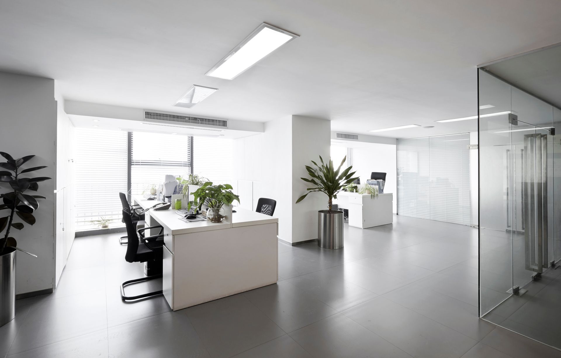 Espace de bureaux moderne et ouvert avec bureaux blancs, chaises noires, plantes et salle de réunion vitrée.