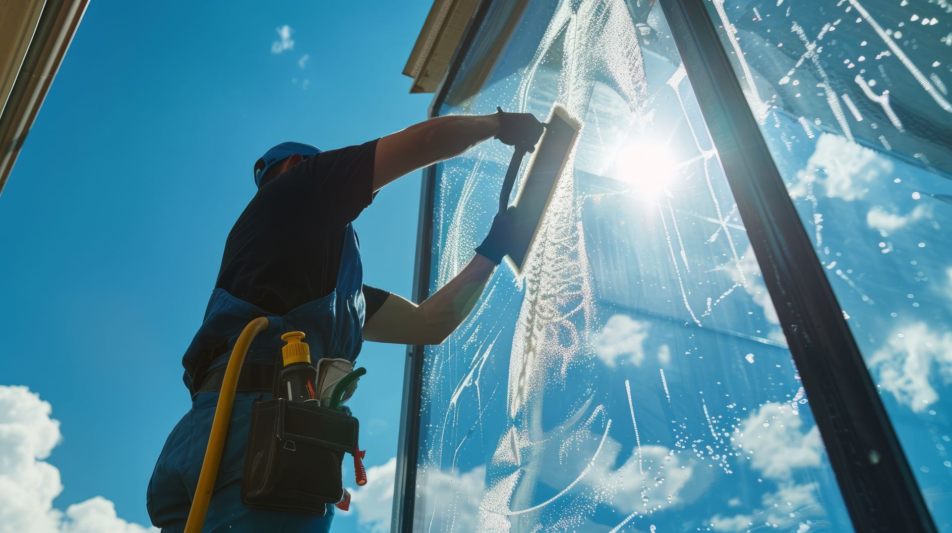 Un ouvrier nettoie la façade vitrée d'un bâtiment à l'aide d'une raclette sous un soleil éclatant.