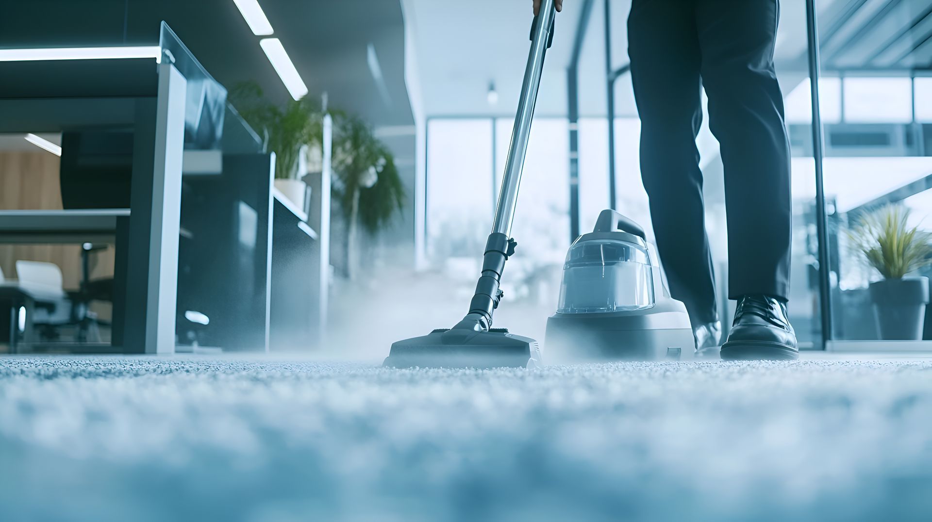 Un agent passe l'aspirateur sur la moquette d'un bureau dans un espace de travail moderne et lumineux.