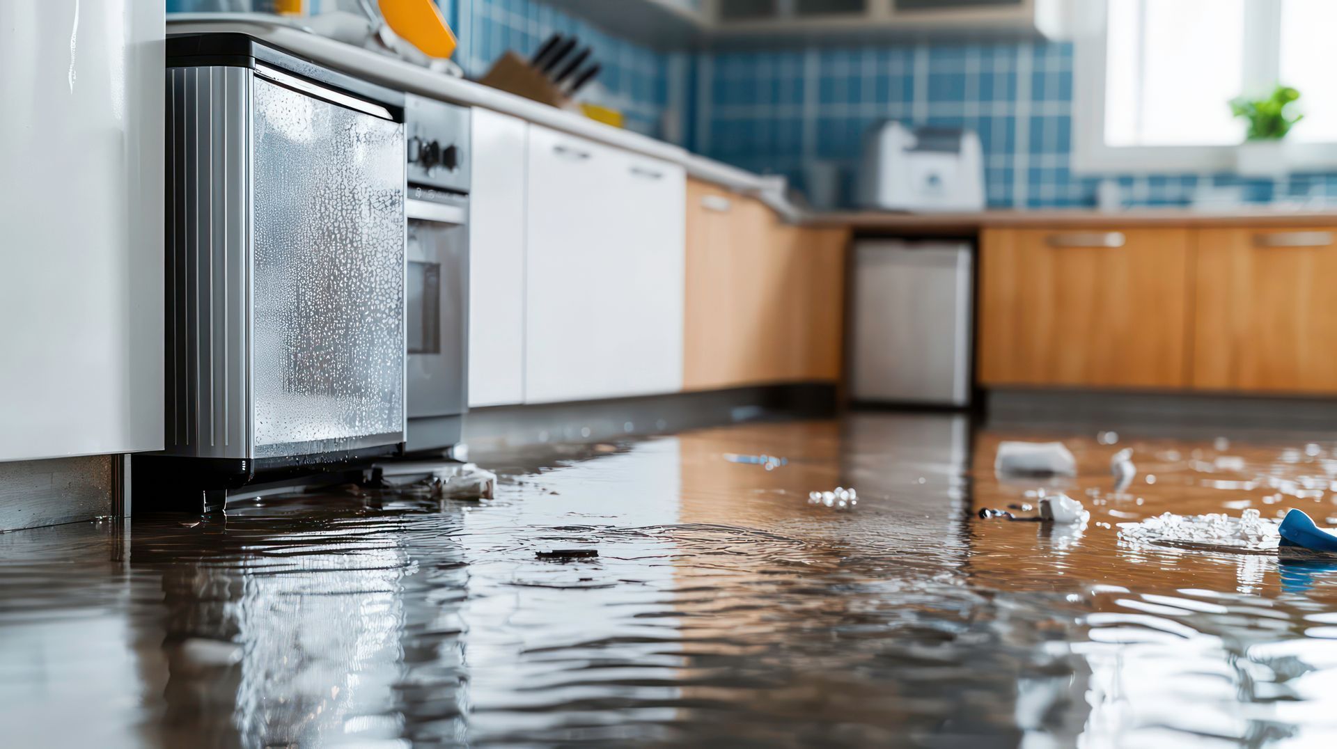 L'eau inonde le sol d'une cuisine moderne.