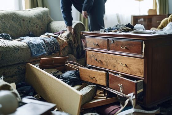 Une personne trie des objets dans des tiroirs de commode cassés, au milieu d'un salon encombré, d'un carton renversé et d'objets éparpillés.