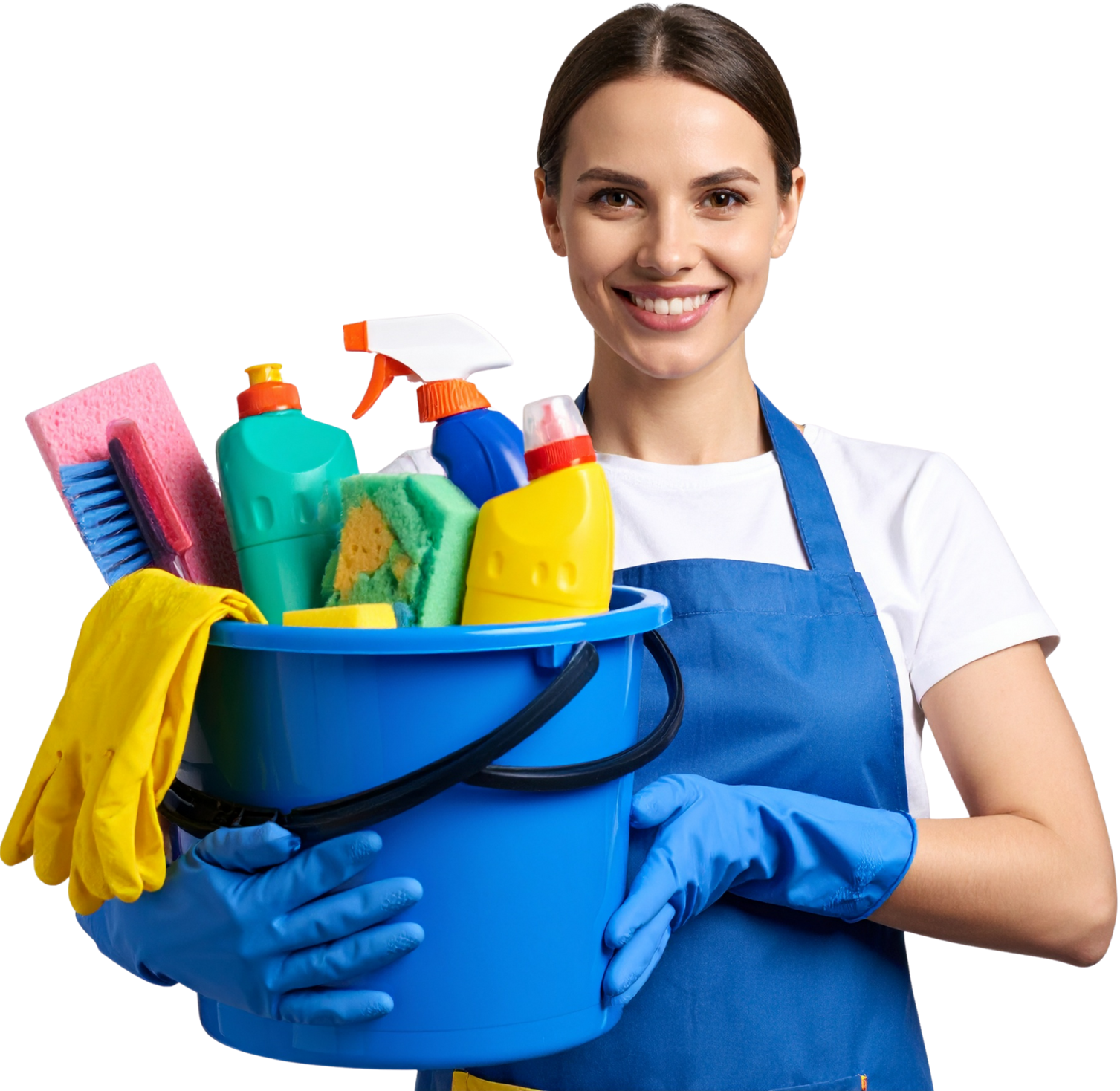 Femme de ménage souriante en tablier bleu tenant un seau de produits de nettoyage colorés et des gants.