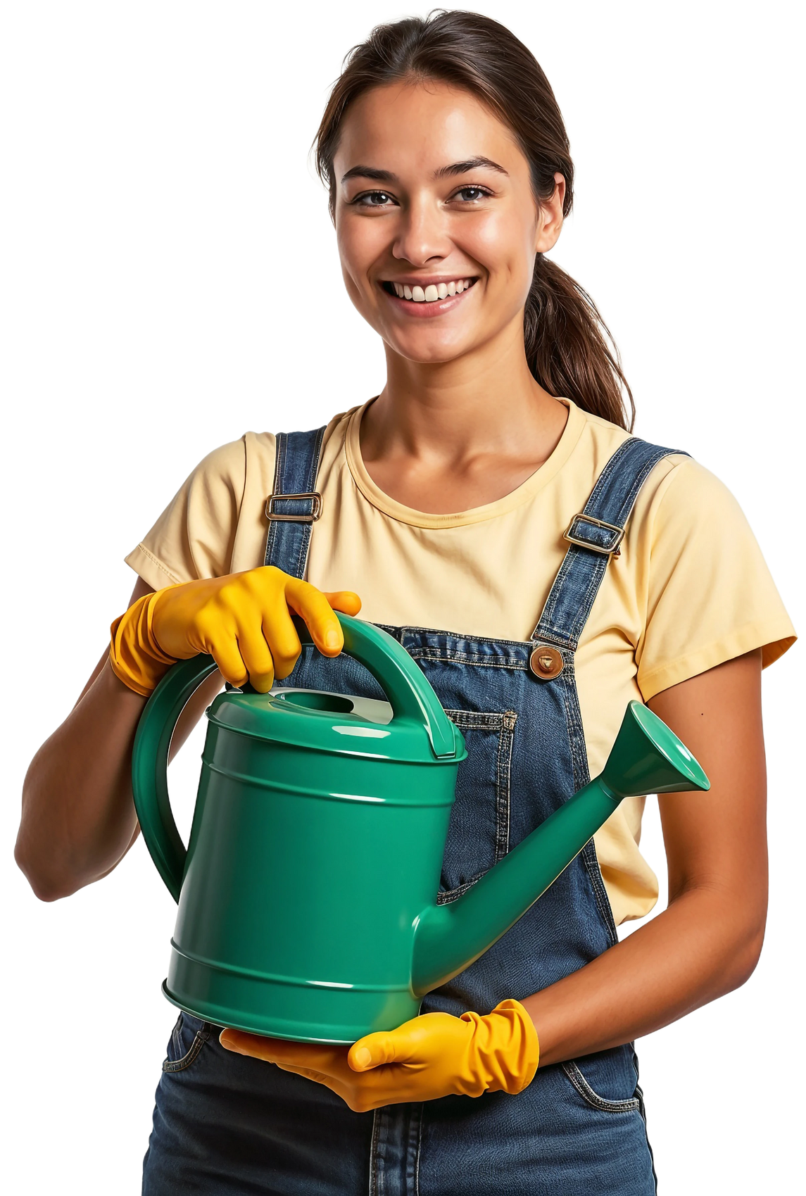 Personne souriante tenant un arrosoir vert, portant des gants jaunes et une salopette en jean, sur fond blanc.