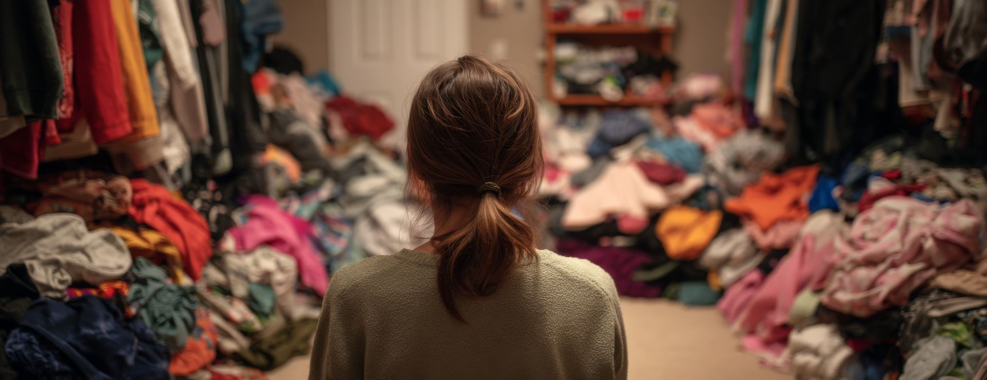 Personne se tenant dans une salle de dons de vêtements avec des piles de vêtements colorés des deux côtés.