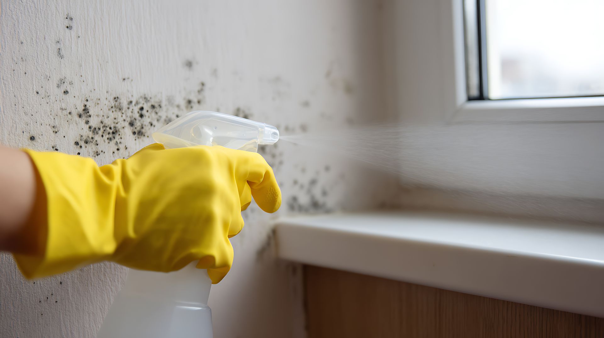 Main gantée de jaune vaporisant du nettoyant sur un rebord de fenêtre poussiéreux à côté d'un mur moisi.