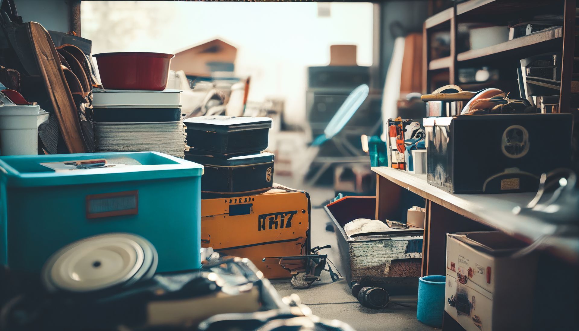 Garage ou débarras encombré de cartons, d'étagères, d'outils et d'objets ménagers éparpillés.
