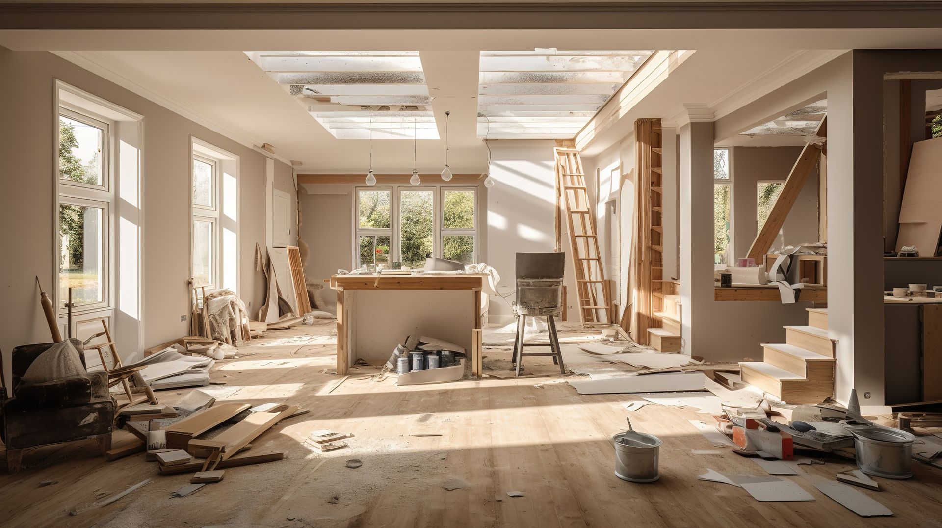 Pièce ensoleillée en pleine rénovation, avec des outils, des échelles, des pots de peinture et des débris sur un sol en bois.