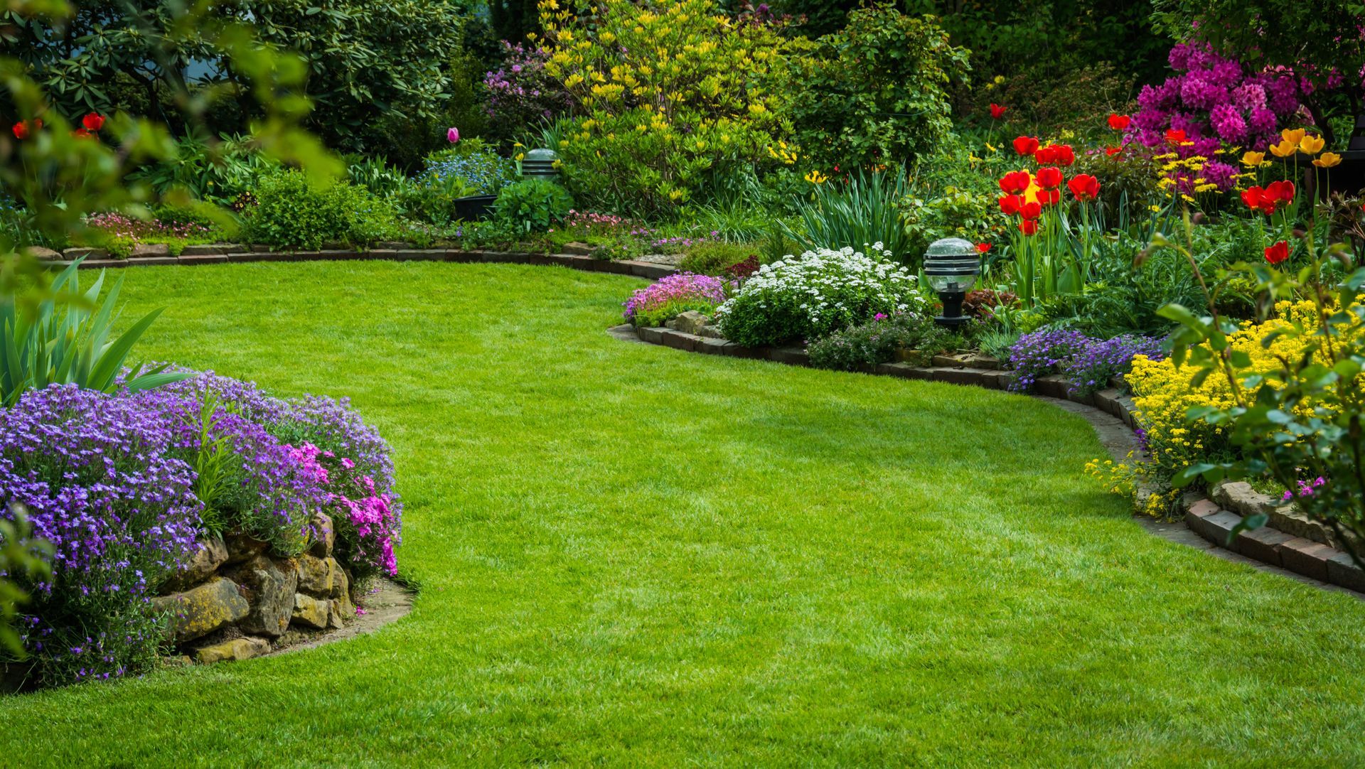 Jardin fleuri coloré avec pelouse verte et plantes en fleurs violettes, rouges et jaunes.