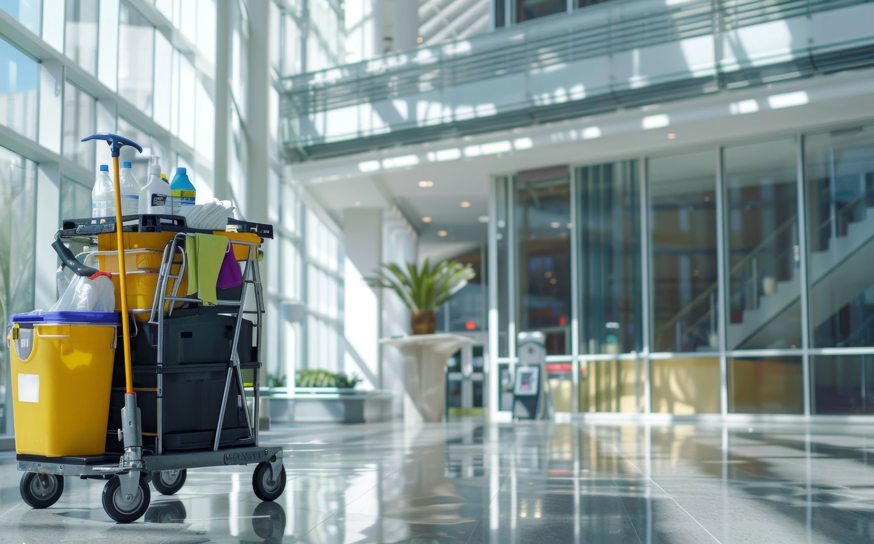 Chariot de nettoyage avec balai et seaux jaunes dans le hall lumineux d'un immeuble de bureaux.