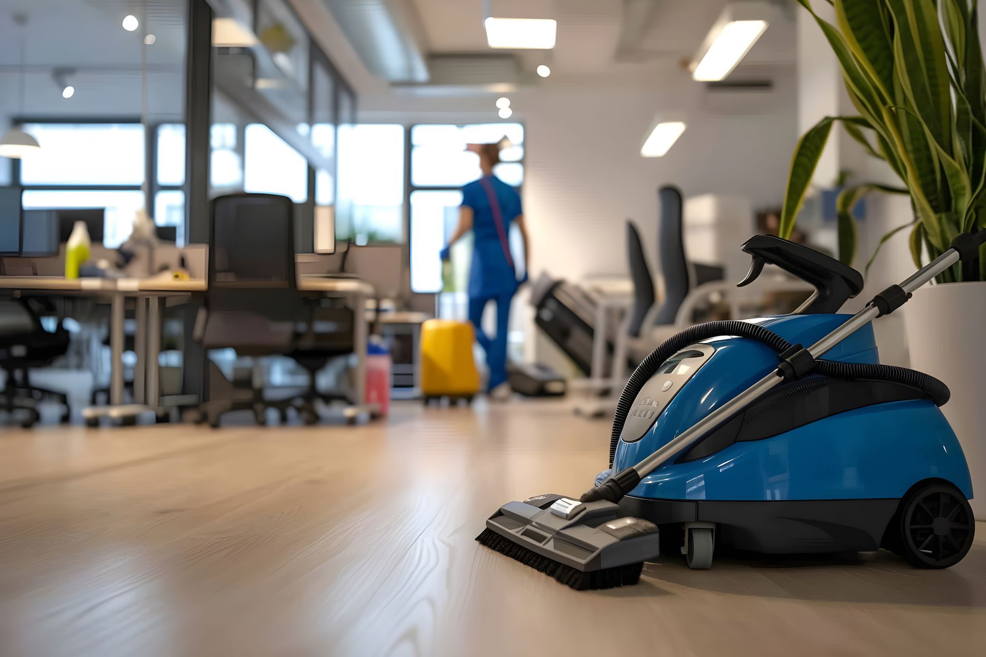 Un aspirateur bleu en premier plan posé par terre dans un open space composé de bureaux et de chaises.