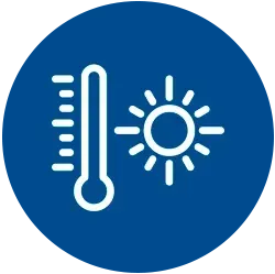 Un termómetro y un sol se muestran en un círculo azul.