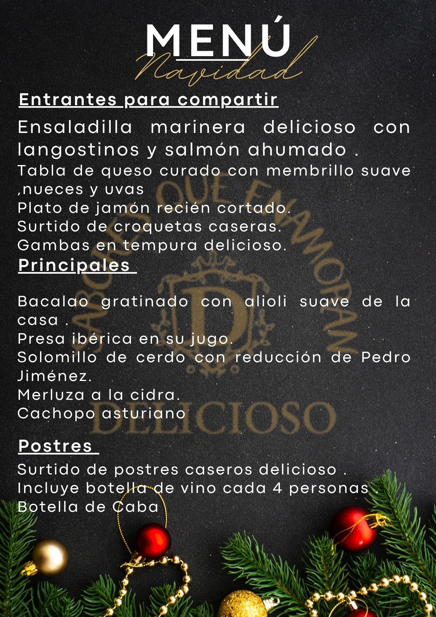 Menú con texto en español sobre fondo negro decorado con adornos navideños y guirnalda.