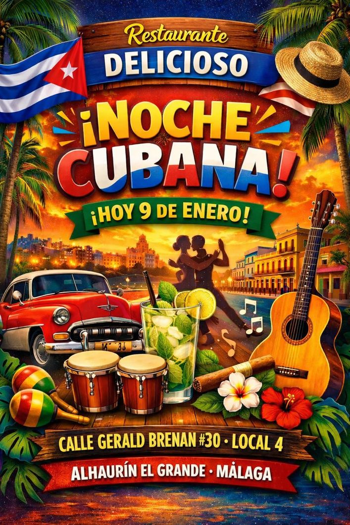 Folleto de la Noche Cubana: restaurante en Málaga, bandera de Cuba, coche clásico, músicos, bailarines, mojito, 9 de enero.