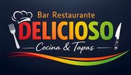 Logotipo para el restaurante "Delicioso": texto colorido con gorro de chef, tenedor, cuchillo y subtítulo "Cocina & Tapas".