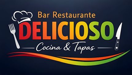 Logotipo para el restaurante "Delicioso": texto colorido con gorro de chef, tenedor, cuchillo y subtítulo "Cocina & Tapas".