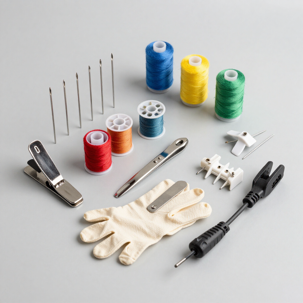 Kit de costura con carretes de hilo de colores, agujas, dedal, tijeras, descosedor y guante sobre fondo blanco.
