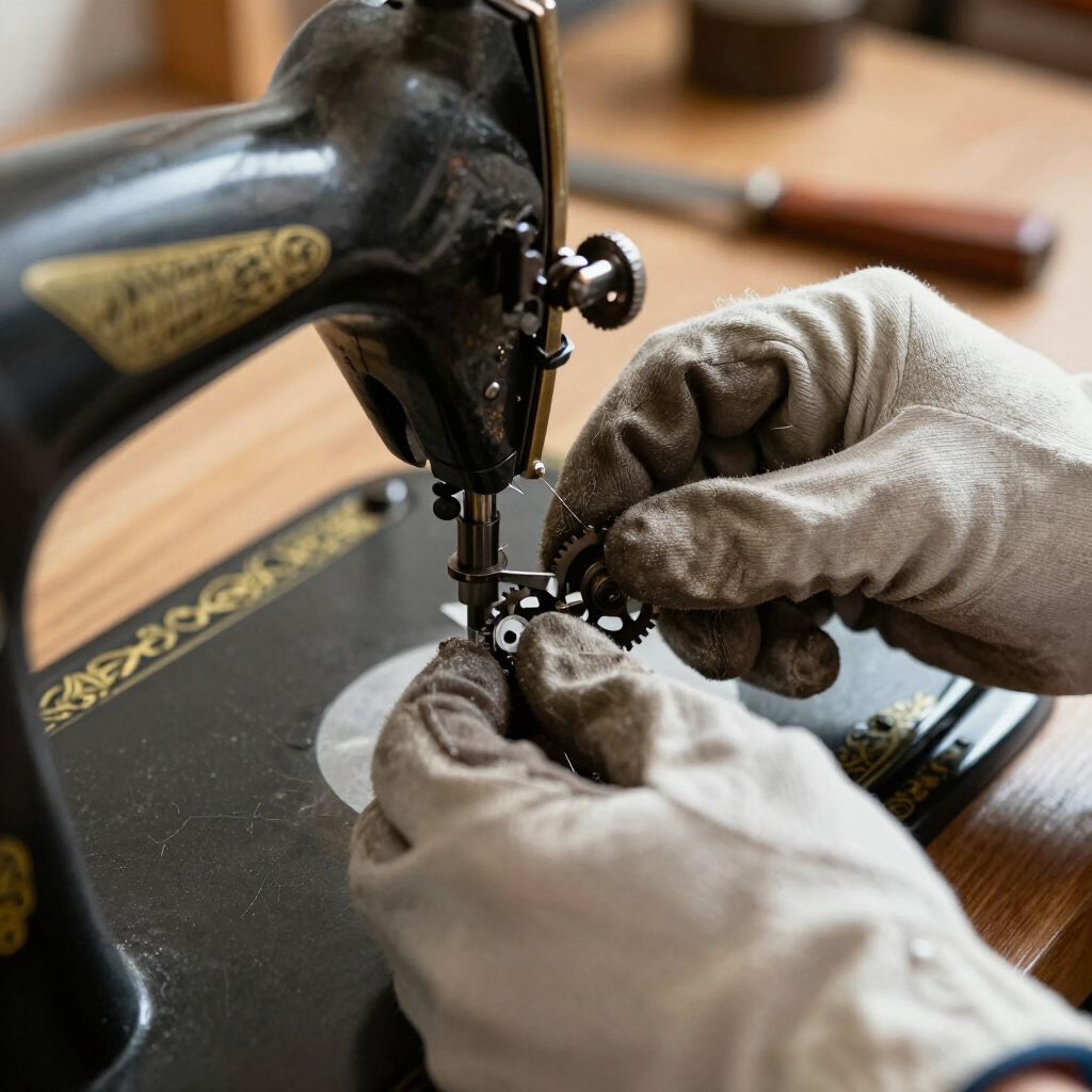 Manos enguantadas ajustando una máquina de coser negra antigua sobre una mesa de madera.