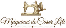Logo de M&aacute;quinas de Coser Lili con m&aacute;quina de coser vintage dorada y texto en cursiva
