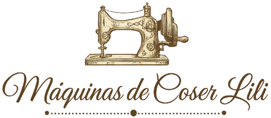 Logo de M&aacute;quinas de Coser Lili con m&aacute;quina de coser vintage dorada y texto en cursiva