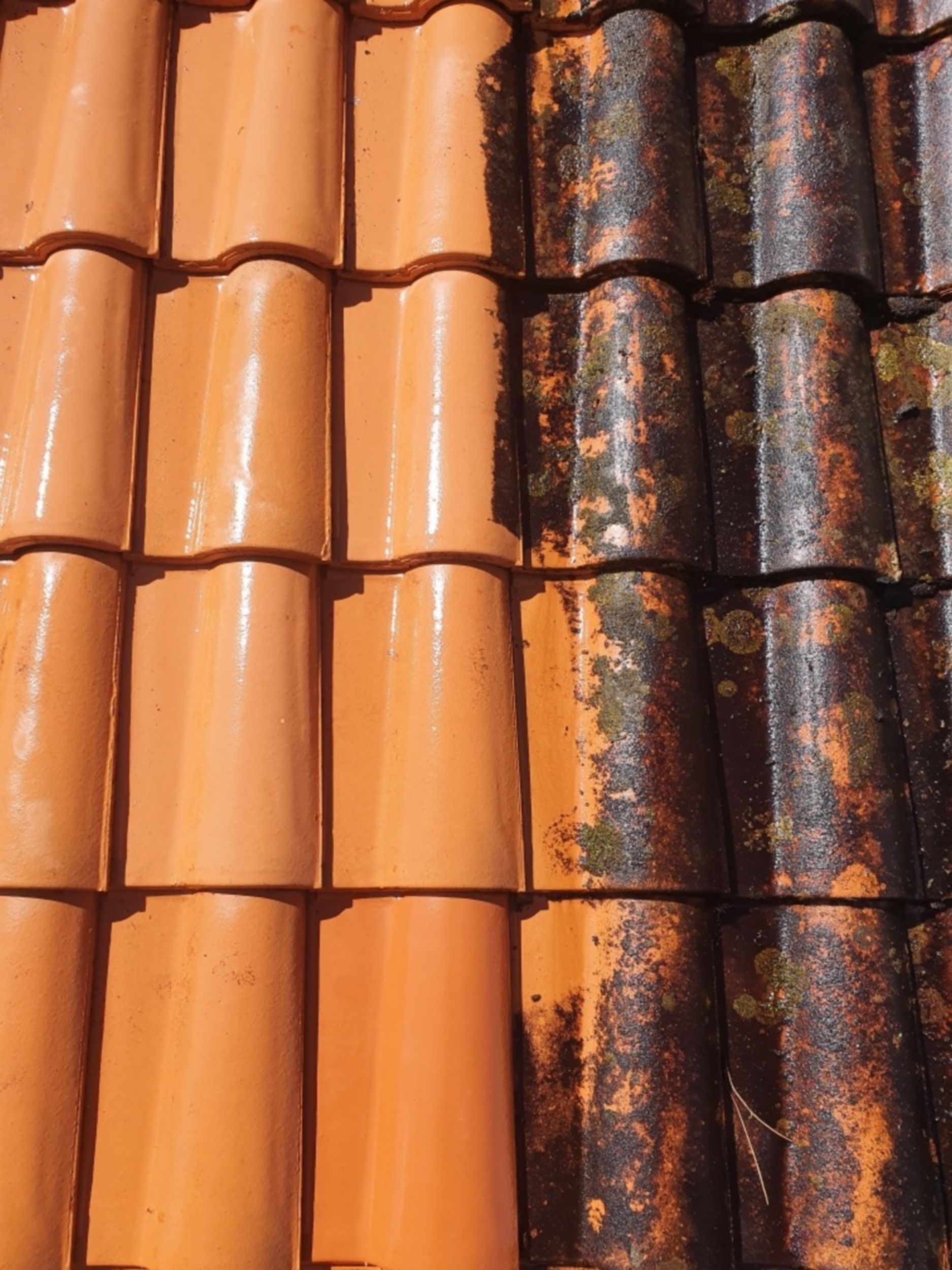 Tuiles en terre cuite propres et sales côte à côte, démontrant une comparaison avant et après le nettoyage.