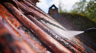 Nettoyage à haute pression d'un toit en tuiles brun rougeâtre patiné, avec pulvérisation d'eau.
