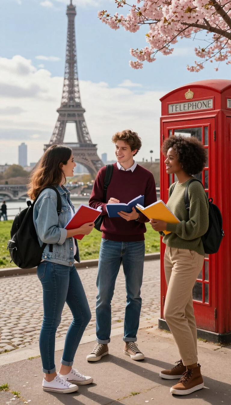 Tres personas charlando con sus cuadernos cerca de la Torre Eiffel y una cabina telefónica roja.