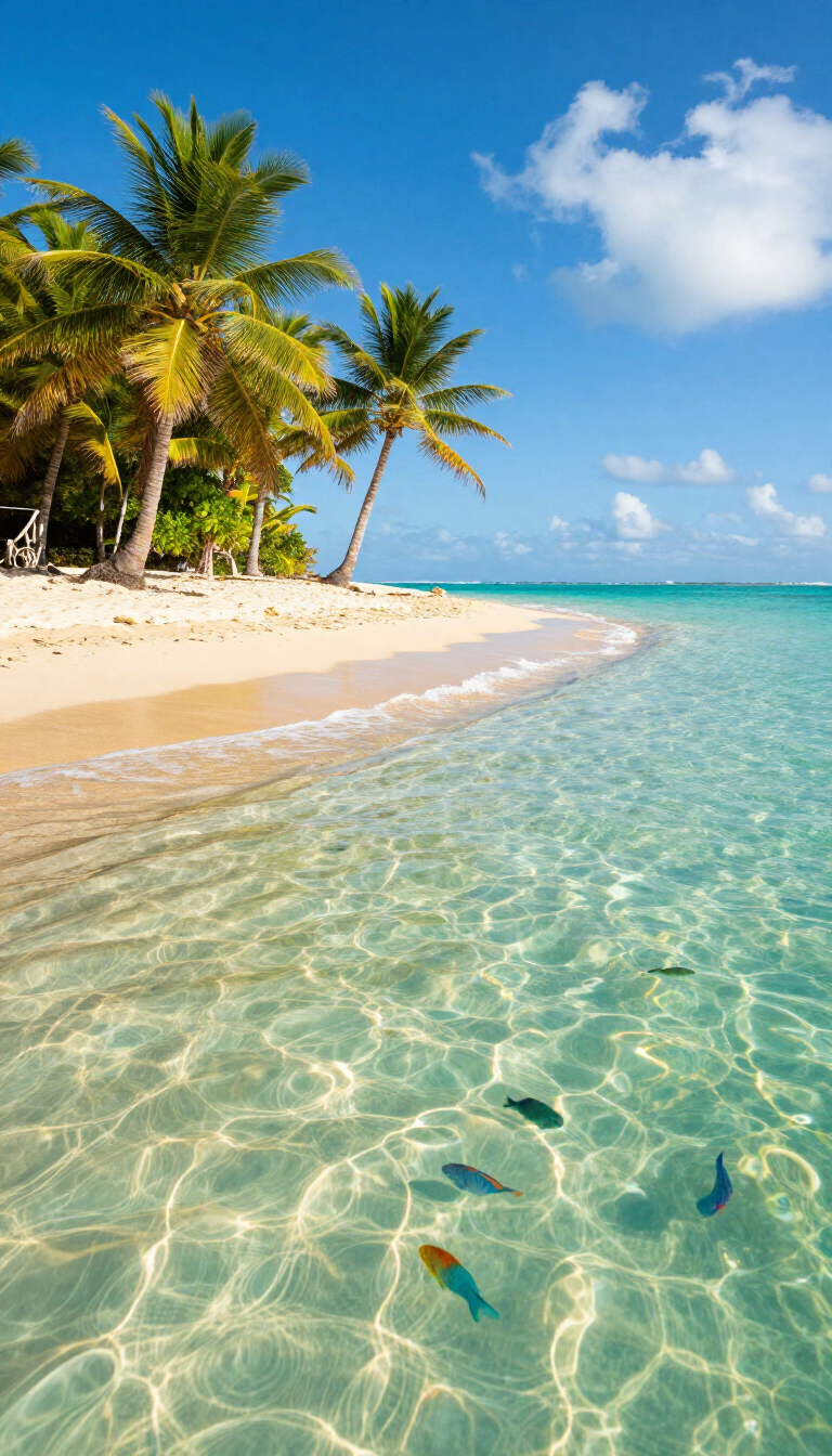 Playa tropical con palmeras, arena blanca, aguas cristalinas de color turquesa y pequeños peces cerca de la orilla.