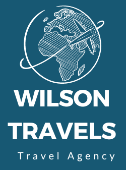 Logotipo de la agencia de viajes Wilson Travels sobre fondo turquesa con icono de globo terr&aacute;queo blanco y texto